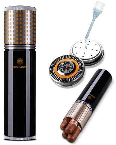 CLZOONG Travel Cigar Humidor Case/Box Stainless Steel Portable, Cigar Tube Cigars Jar Humidifiers Air Tight Lid,Smell Proof with Cigar Hygrometer and Humidifier for 3 to 4 Cigars (Black)