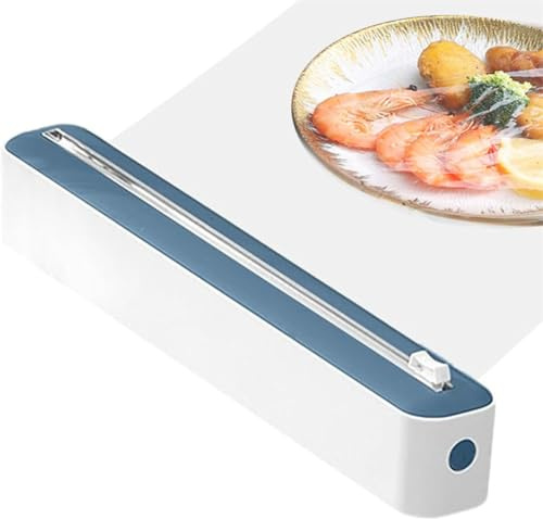 Cling Film Dispenser and Cutter, Clingfilm Dispenser with Cutter UK, 2-in-1 Plastic Wrap Tin Foil Dispenser and Cutter, Cling Film Kitchen Roll Holder Dispenser for Home, Kitchen, Restaurant (Blue)
