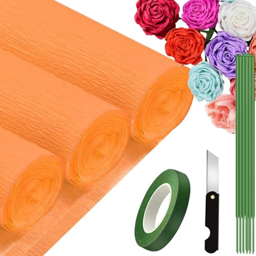 3 Rollen Krepppapier Orange 25x250cm, Crepe Papier für Handwerke, Krepppapier für Geburtstag, Hochzeiten, Valentinstag-Dekorationen (Orange)