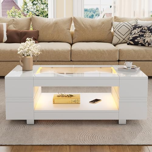 BTM Table Basse Blanche avec Éclairage LED, Table Basse de Salon avec Rangement Ouvert, Table d'Appoint en Bois, Comptoir en Verre, Design Moderne, Charge de 30kg, 100x50x35cm