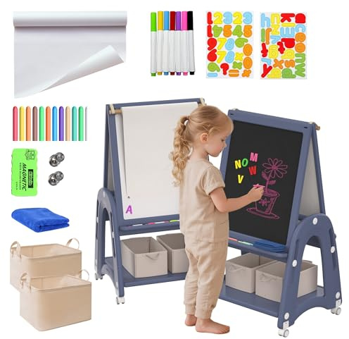 Hominewti 3 in 1 Lavagna per Bambini, Cavalletto per Bambini con Rotolo di Carta, Lavagna Doppia Lato Bianco e Nero, Altezza Regolabile, Cavalletto Mobile, per Ragazzi e Ragazze, Blu
