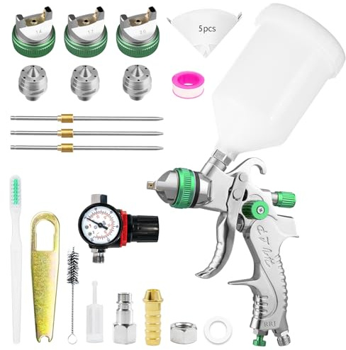 HVLP Professionale Pistola a Verniciatura con 3 Ugelli 1,4/1,7/2,0 mm Tazza 600cc Alimentazione a Gravità Kit Spruzzo, HVLP Mobili Auto Pistola di Riparazione
