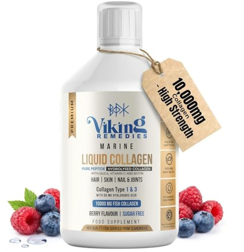 Viking Remedies Marine Collagen Liquid 10,000mg - High Strength Hydrolysed Peptides with Hyaluronic Acid, Vitamin C & Biotin - Liquid Collagen Drink for Women and Men - Mixed Berry Flavour (500 ml)