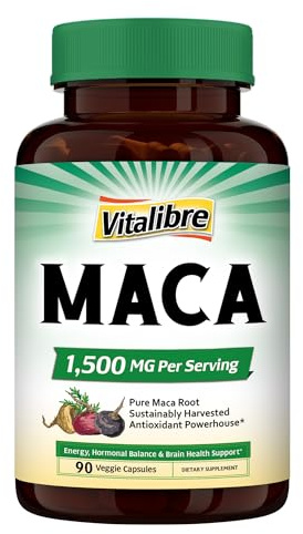Vitalibre Maca Root Capsules for Women & Men, 1500 mg Maca Extract Per Serving, Vitality, Mood, Metabolic Support, Non-GMO, 90 Capsules