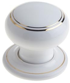 Ceramic Door Knob - White Ceramic/ 2 Gold Lines - 1 Pair - Fixings Included - 60mm Diameter - Interior Use