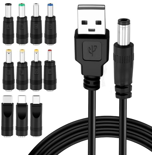 Vakler 1M USB to DC Cable, 5V 3A Universal DC 5V Charger Power Cable USB to DC 5.5mmx2.1mm Barrel Jack Plug Power Cord with 3 USB 11 Selectable Connector Tips Compatible with Laptops Speakers Routers
