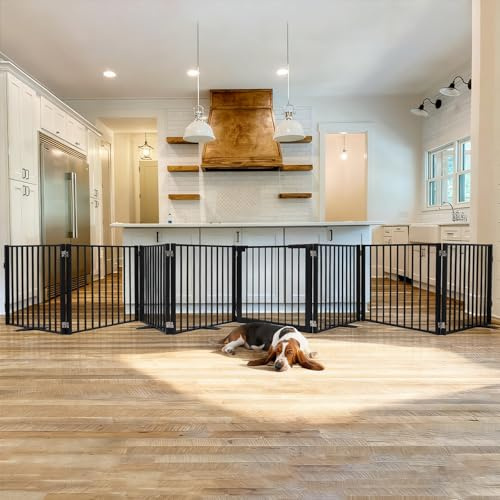 Snagle Paw Extra Wide Dog Gate,Free Standing Dog Fence with Door, Up to 208 Inch Wide Pet Gate with Support Feet for Stairs, Hallways, Doorways, Yard (Black, 8 Panels)