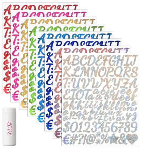 8 Blätter Buchstaben Zahlen Aufkleber Set,Glitzer Buchstaben Aufkleber Selbstklebend Wasserdichte Vinyl Sticker Bunte Glänzende Klebebuchstaben-Zahlen für Hochzeit Geburtstag DIY Scrapbooking