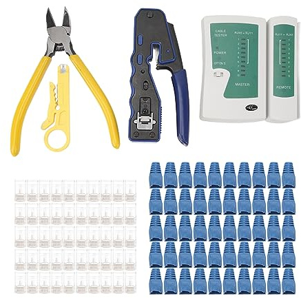 Tester per cavi di rete RJ45 Kit di strumento di crimpaggio Crimper con pass attraverso i connettori Stripper per vari cavi per vari cavi