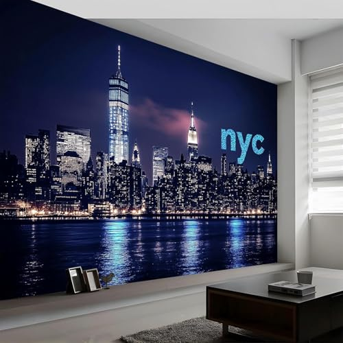 3D Fotomurales Nueva York 430x300 cm Papel Pintado Mural Vista Nocturna de Nueva York Tejido No Tejido Decoración de Pared Decorativos Murales Moderna de Diseno q.6927