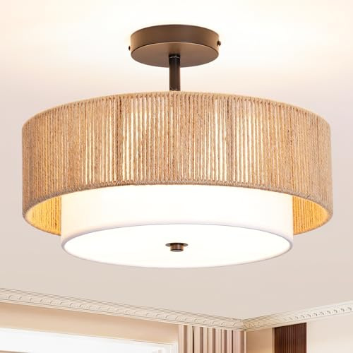 Lornwick Bohemian Semi-Recessed Pendant Light Wicker Ceiling Lamp 16-Inch Farmhouse-Style Pendant with Natural Hemp Rope Fabric Shade Suitable for Dining Room/Living Room/Bedroom/Kitchen