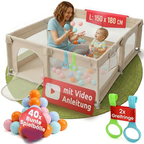 Mallie® Laufstall Baby 150x180cm Beige inkl. Gratis 40 Spielbälle – Laufgitter mit Leinen Gewebe, Playpen, Kinder-Zaun, ställe & Play Pen, in 15-Min Aufgebaut mit Video-Anleitung