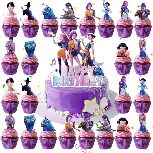 K-Pop Dem0n Hun-ters Cartoon Cake Toppers, 25pcs Cupcake Toppers von K-Pop Dem0n Hun-ters, Tortendeko Cartoon Kindergeburtstag, Hunters Cupcake Toppers, zum Dekorieren von Cupcakes/Muffins/Torten