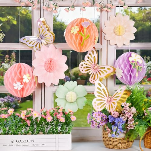 SUNBEAUTY 9 Stück Papierfächer Dekoration Wabenbälle Pastell Deko Gold Schmetterling Blumen PapierFächer für Boho Gartenparty Hochzeit Tea Party Tischdeko Muttertag Classroom Baby Shower Fasching Deko