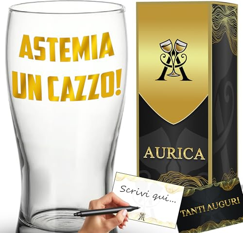 Aurìca Boccale da Birra Design Elegante Nero e Oro 550ml, Set Regalo con Biglietto Auguri e Confezione, Personalizzabile con Scritta (ASTEMIA UN CAZZO)