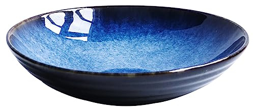Cuencos grandes de cerámica azul de 9 pulgadas, platos llanos de esmalte reactivo, aptos para microondas y lavavajillas, perfectos para servir sopa, ensalada y aperitivos, utensilios de cocina