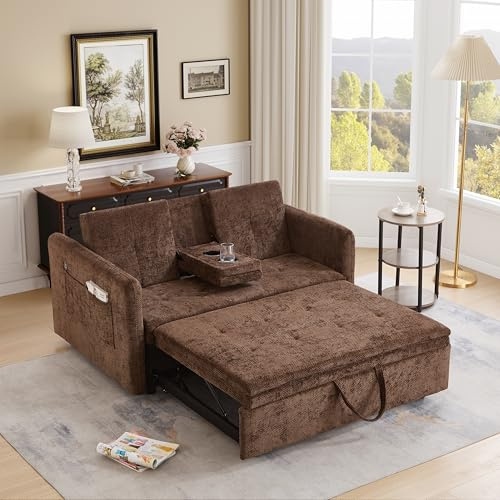 N NOORDENIYA 57.48 Convertible Sofa Bed with Cup Holder, Pull Out Sleeper Sofa Bed with USB Charging Ports, 3 in 1 Convertible Sleeper Sofa Bed for Living Room, Apartment, Bedroom, RV, Brown
