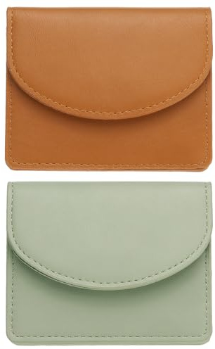 QUARKZMAN 2 Stück Leder Visitenkartenetui Professionelles Slim Visitenkartenhalter Visitenkartenhalter Geldbörse Mit 3 Kartenfächern Für Damen Und Herren (Hellbraun/Hellgrün)