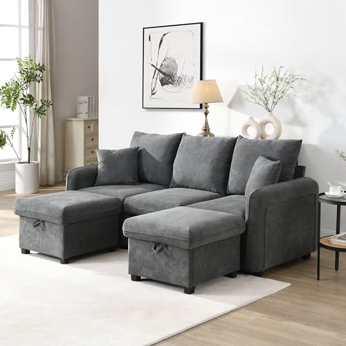 Coolywood Multifunktionale Ecksofa U-Form-Dreisitzer Polster-Sofa mit Staufunktion – Inklusive Schubladen + Hocker mit Staufach, modular zerlegbares Sofa-Set mit Schlaffunktion, Chenille-Bezug