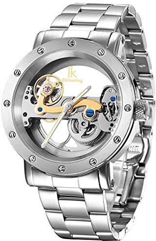 Alienwork IK Automatikuhr Armbanduhr Herren Damen Silber Edelstahl Metallarmband Skelett Glasboden