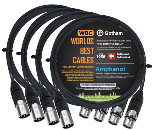 4 Units - 4 Foot - Gotham GAC-4/1 (Black) - Star Quad, Dual Shielded Balanced Male to Female Microphone Cables with Amphenol AX3M & AX3F Silver XLR Connectors - Custom Made by WORLDS BEST CABLES
