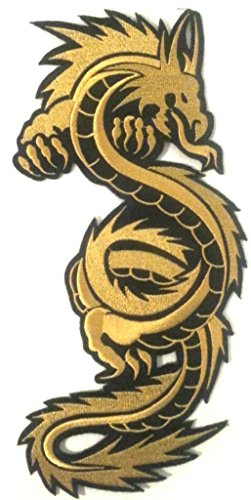 Drachen Aufnäher Patch groß für Jacken Kleidung Jeans Bügelbilder Stoff Kleider Bügel Flicken zum aufbügeln „ Drachen schwarz gold 28 x 12 cm 