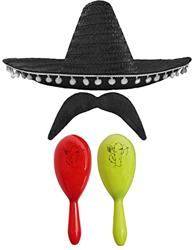 Mexikansk snygg klänning tillbehörsset – Mexikansk SOMBRERO med maracas och tash svart POM SOMBRERO + röd och gul maracas