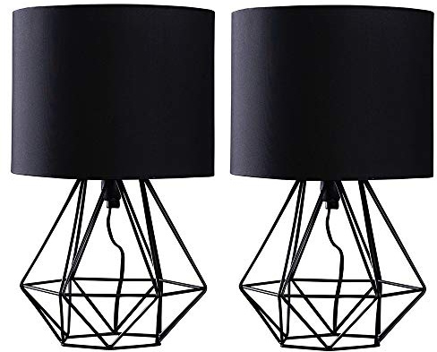 MiniSun | Modern Black Metal Basket Table Lamps with Black Fabric Shades | Table Lamps, Home Décor & Improvement Essential | Set of 2 | Includes 4W Bulbs [3000K Warm White]
