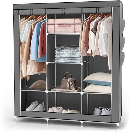 INTIRILIFE Faltschrank 130x175x45 cm in ASCH GRAU - mit Reißverschluss Stoffschrank Kleiderschrank mit Kleiderstange, Fächern und Seitentasche - Camping Steckschrank Textil Garderobe