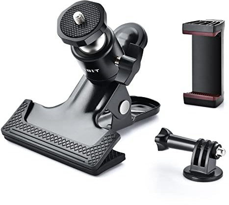 UTEBIT Tripod Camera Mount Clip, Spring Clamp with Swivel Ball Head and Phone/Gopro Holder, Metal Flash Reflector Holder for Studio Backdrop Light Stand SLR DSLR Camera