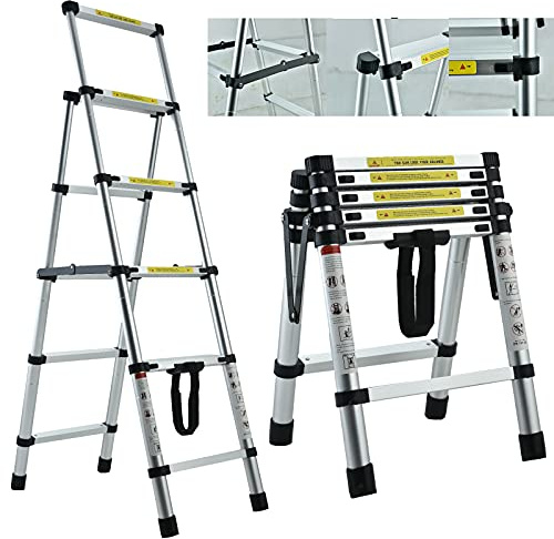 4+5 Step Ladder Folding Telescopic Stepladder with Anti Slip Feet Sturdy Aluminium Tread Ladders 330lbs Capacity Office Home Improvement Tools EN131 Safety