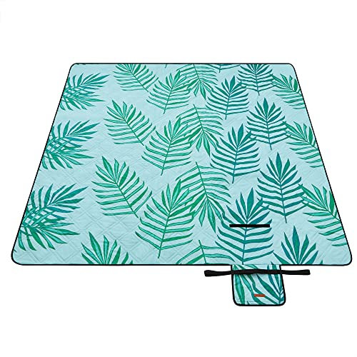 SONGMICS Picknickdecke, 200 x 200 cm, großer Teppich, für Camping, Park, Garten, Strand, wasserabweisend, maschinenwaschbar, faltbar, Farnmuster und Hellblau, GCM087Q01