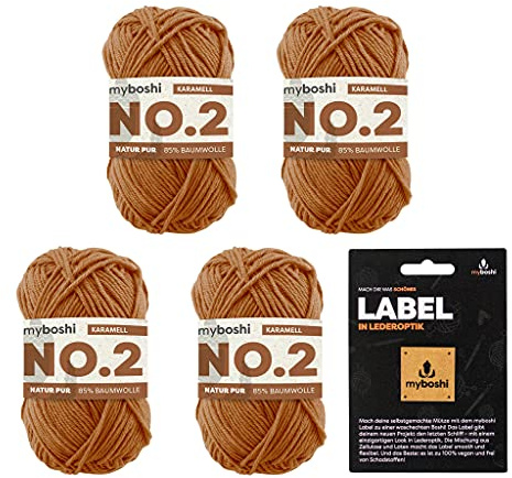 myboshi No.2 inkl. Label, Baumwolle zum Häkeln und Stricken, für Baby und Amigurumi, vegan, 60 Grad waschbar, 50g, Ll 100m Braun (Karamell), 4 Knäuel