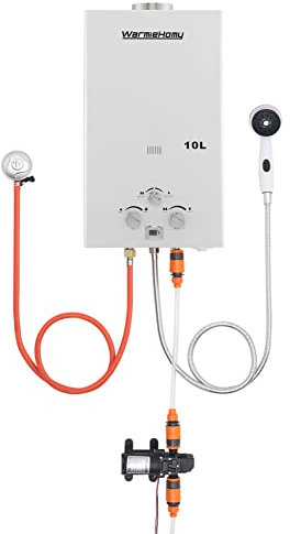 Warmiehomy 10L Portable Gas Water Heater Outdoor Camping Shower with Water Pump 12V Propane Tankless Water Heater, for Outdoor Camping Shower RV Trip Horse Washing