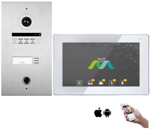 MATHFEL 1 Familienhaus 2 Draht Bus WLAN Video-Türsprechanlage, 7 Zoll Monitor mit Full HD 2 Megapixel 170 Grad Weitwinkelkamera -Außenstation in Silber mit RFID und Fingerprint