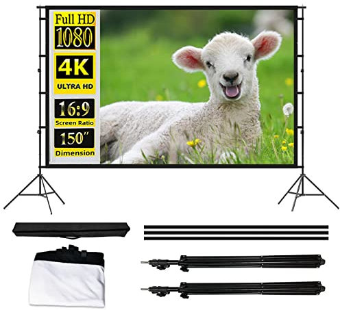 Beamer Leinwand 150 mit Faltbarem Standfuß Projektionsleinwand 16:9 Tragbare Projektor Bildschirm 150 Zoll Rolloleinwand für Garten Leinwand Beamer