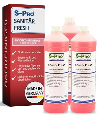 S-Pro SanitärFresh 3x 1 Liter Sanitärreiniger Konzentrat für Bad und Toilette, gegen Kalk und Wasserflecken, Reiniger Sanitär mit Frischeduft und Glanzeffekt