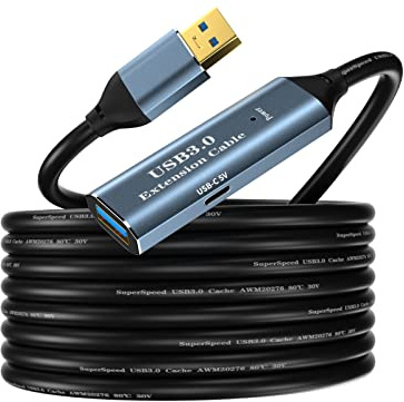 USB 3.0 Active Extension Cable 5M/16.4FT, USB-A Male/Female, 5Gbps, 1 Chip | Built-in repeater and USB-C 5V/2A power support stable 5Gbps transfer over 5M, with braided shielding and gold-plated plugs