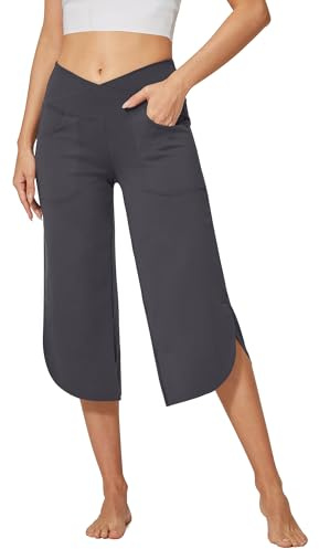 G4Free Wide Leg Trousers for Women UK Summer Capri Pants Cross High Waist Cropped Trousers 3/4 Yoga Pants with Pockets(Grey,XXL)