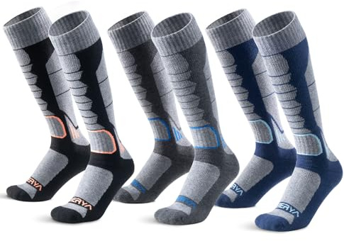 WEIERYA Chaussettes de Ski Homme - Chaussettes de Ski en Mérinos,Respirantes et Confortables,Idéales pour Ski,Snowboard et Sports d'Hiver,Noir Gris Bleu（41-44） 3 Paires