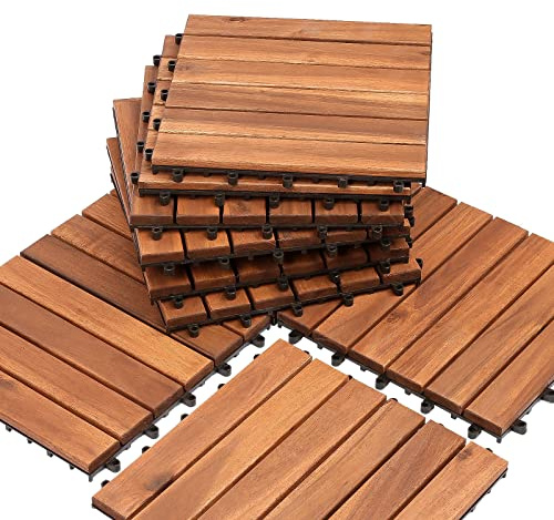 Izrielar Holzfliesen 30 x 30 cm Akazien-Holz Balkonfliesen 11er, 1 m² pro Terrassenfliesen Bodenfliesen für Terrassen und Balkon zuschneidbar Drainage, Anti-Rutsch-Bodenbelag, Braun