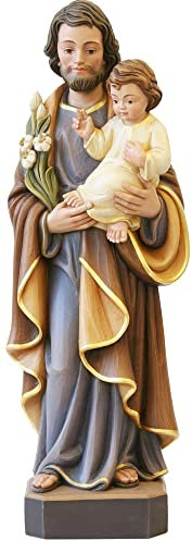 JS Garten Deko Heiligenfigur Heiliger Josef H 15 cm Josef mit Jesuskind und Lilie Holzfigur Statue aus Ahornholz von Dolfi