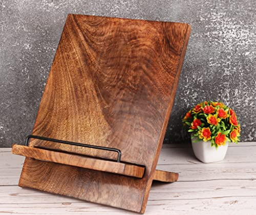 TrendBell Wooden Cookbook Stand Cutting Chopping Board | Wood Cookbook Recipe Holder with The Adjustable Pull-Out Stand