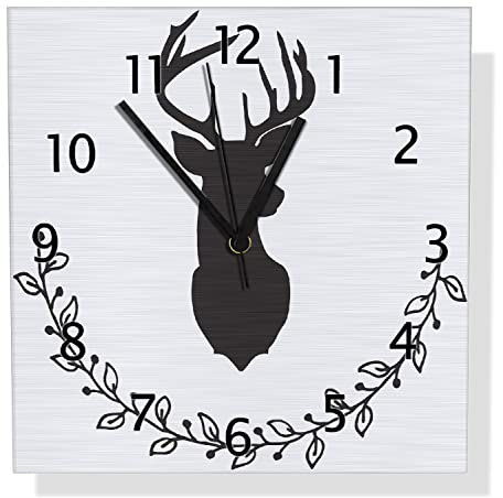 Wallario Design Wanduhr Schwarze Hirsch Silhouette mit Zweigen - schwarz weiß aus Aluverbund, Alu-Uhr Größe 30 x 30 cm, Schwarze Zeiger mit Metalloptik