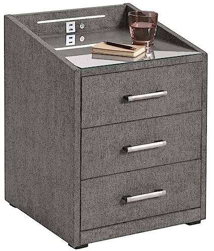Lomadox Nachttisch 3 zügig mit Beleuchtung und USB-Ladeanschluss, in Stone