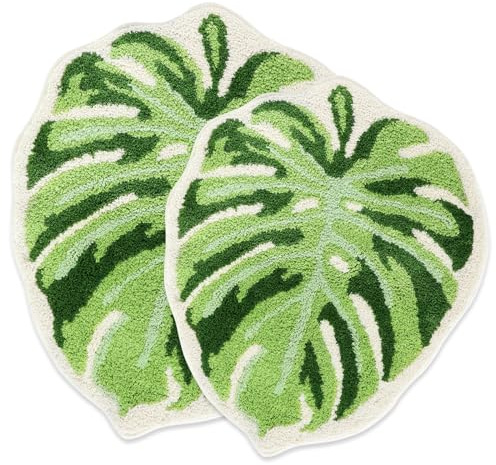 Litabel Green Leaf Bathroom Rug Set 2 Piece, Cute Non Slip Monstera Shaped Plush Bath Mat Set, Soft Absorbent Washable Bathroom Floor Mat Plant Shower Rug Bathmat Doormat (21x25+26x32)
