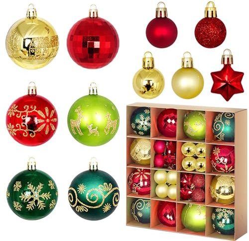 44pcs weihnachtskugeln grün, Grüne Kunststoff weinachtsbaumdekorationen | Mini Plastik weihnachtskugeln Bruchsicher Kleine Bälle für Weihnachtsbaum Deko (Rot&Gold&Grün)