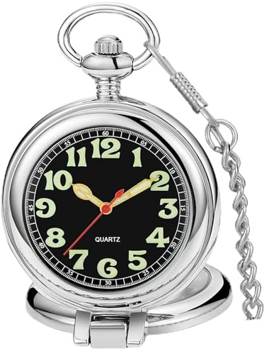 Tiong Montre de poche à quartz avec cadran lumineux en acier inoxydable - Argenté/noir/bronze - Cadeau pour homme - Avec chaîne, 42-argent, Classique