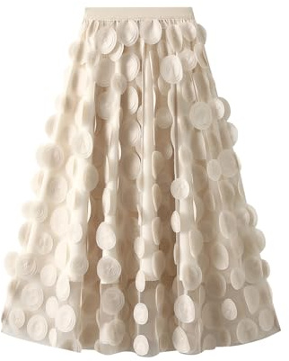 Achlibe Langer Tüllrock für Damen, 3D-Punkte, elastische Taille, Netzstoff, Feen-Midirock, Halloween, Rave, Party, Ballkleid, A-Beige, Einheitsgröße