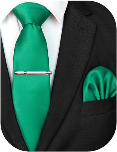 JEMYGINS Herren Krawatte mit Matte Oberfläche inklusive Einstecktuch und Krawattenklammer Set